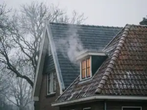 Warmteverlies zichtbaar als opstijgende damp boven ongeïsoleerd dakpan dak van Nederlandse woning op koude winterochtend met rijp en kale boomtakken.