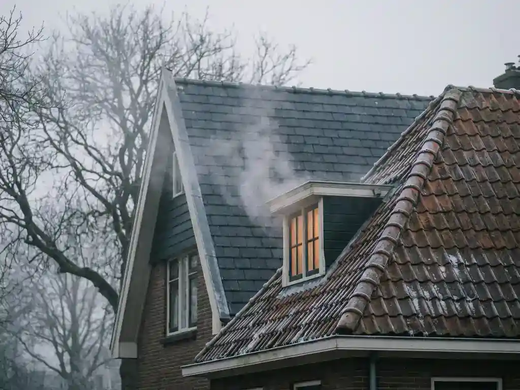 Warmteverlies zichtbaar als opstijgende damp boven ongeïsoleerd dakpan dak van Nederlandse woning op koude winterochtend met rijp en kale boomtakken.
