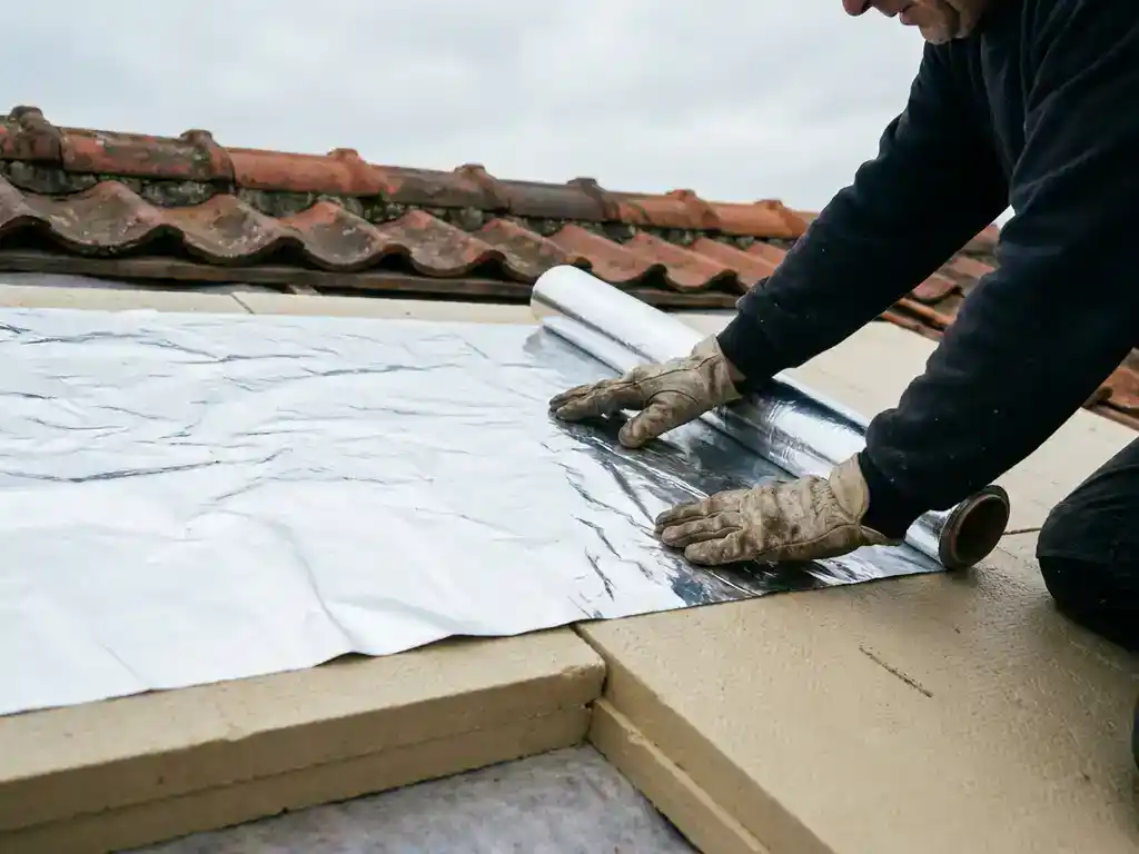 Werknemer rolt zilverkleurige dampscherm folie uit over isolatieplaten op een plat dak onder bewolkte Nederlandse lucht.