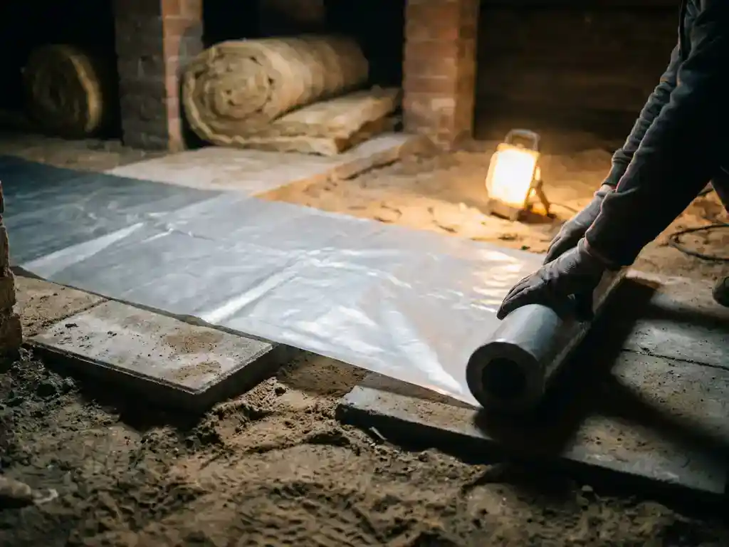 Dampscherm folie die wordt uitgerold over de vloer van een kruipruimte onder een Nederlandse woning, verlicht door een werklamp.