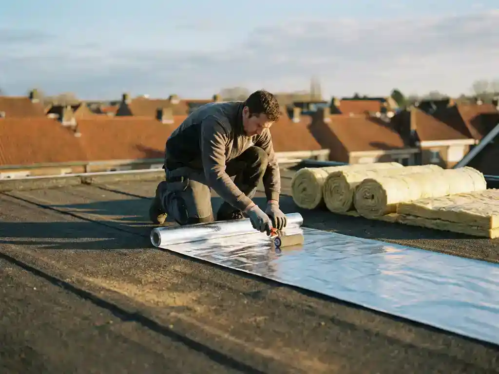 Dakdekker die dampscherm aanbrengt op plat dak, met isolatierollen en residentiële daken op de achtergrond.