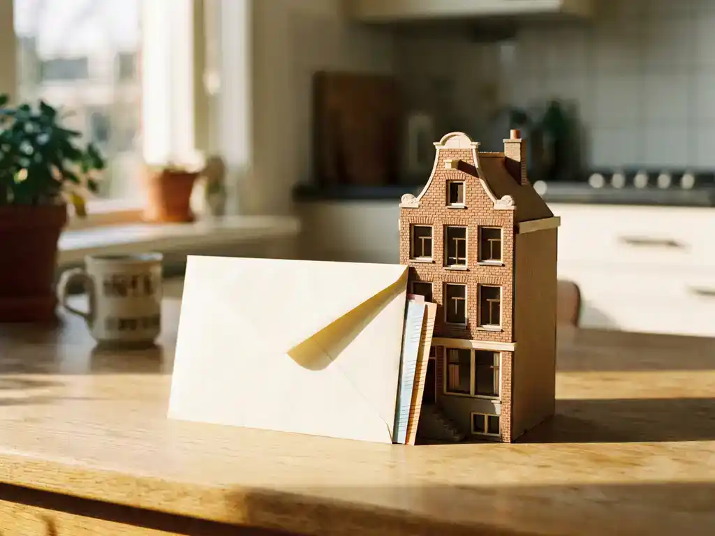 Witte envelop gevuld met eurobiljetten naast een miniatuurmodel van een Nederlandse rijtjeswoning op een houten keukentafel.
