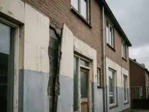 Verweerde bakstenen gevel met zichtbare kier in buitengevelisolatie, één paneel licht verschoven waardoor de ruwe muur zichtbaar is.