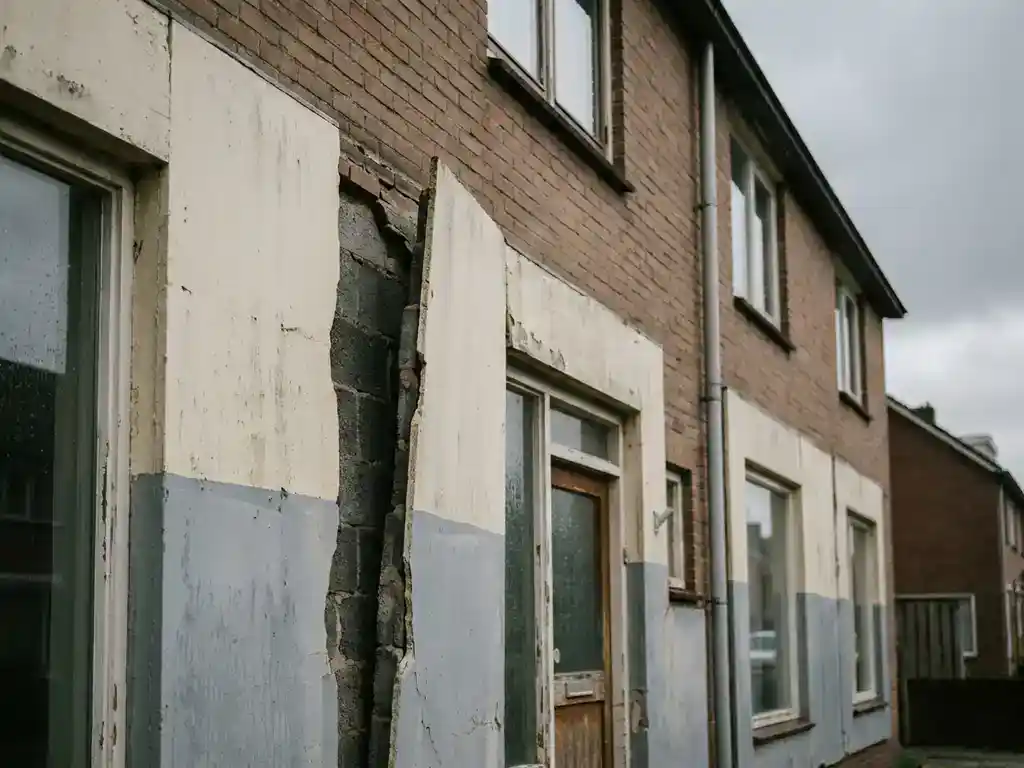 Verweerde bakstenen gevel met zichtbare kier in buitengevelisolatie, één paneel licht verschoven waardoor de ruwe muur zichtbaar is.