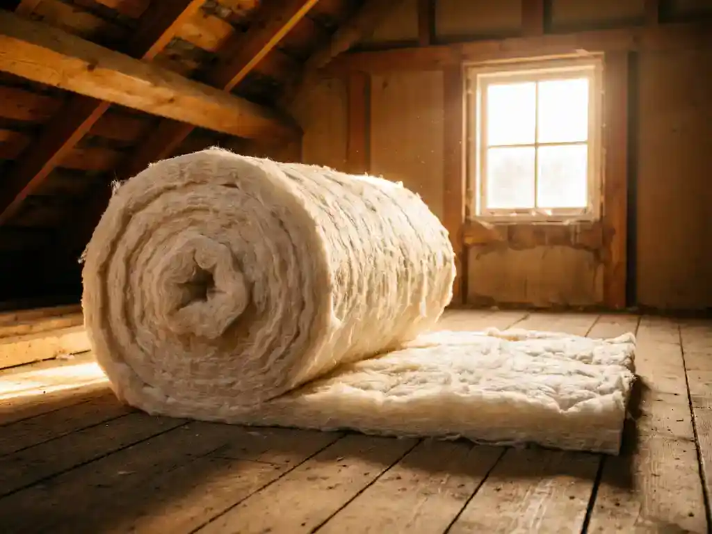 Rol glaswolisolatie gedeeltelijk uitgerold op houten zoldervloer, met dakbalken en warm natuurlijk licht op de achtergrond.