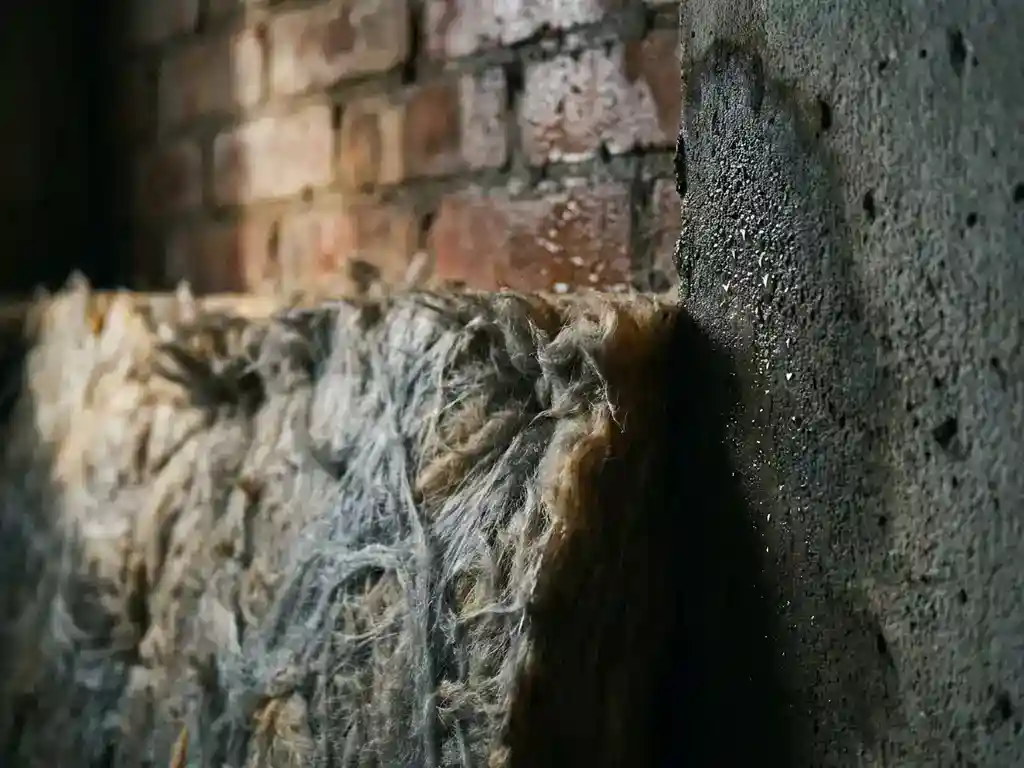 Glaswolisolatie tegen een vochtige betonnen muur met zichtbare waterdruppels en vochtvlekken op bakstenen achtergrond.