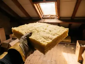 Gehandschoende hand houdt een dikke plaat glaswolisolatie vast in een zolder met houten balken en natuurlijk daglicht.