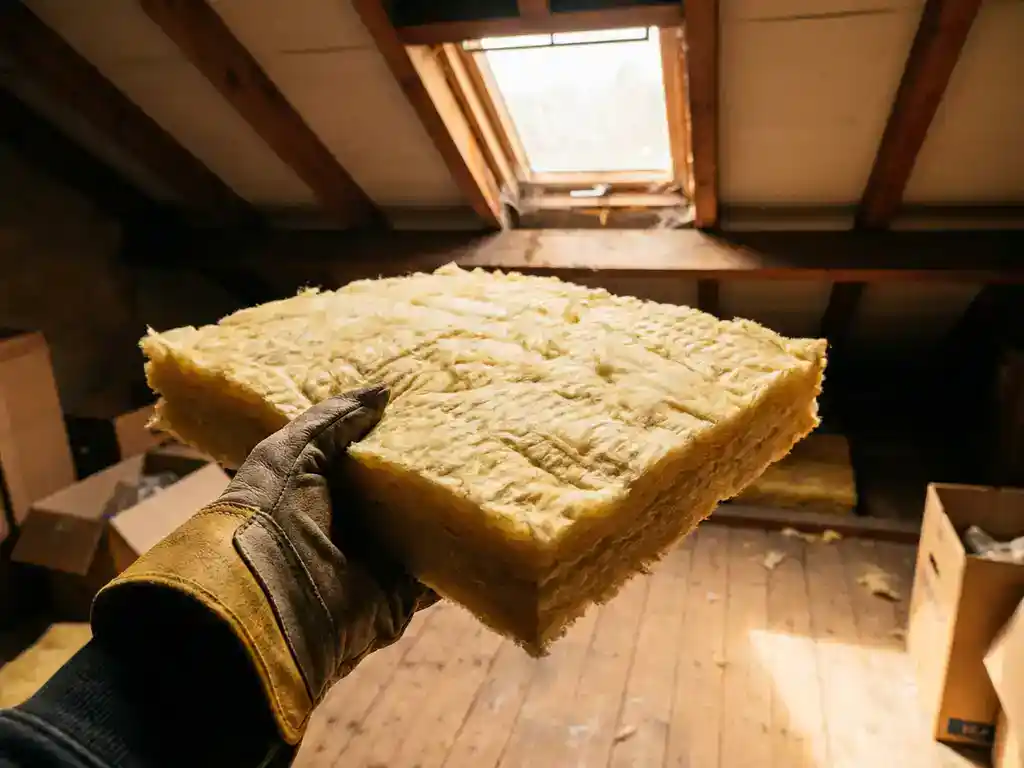 Gehandschoende hand houdt een dikke plaat glaswolisolatie vast in een zolder met houten balken en natuurlijk daglicht.
