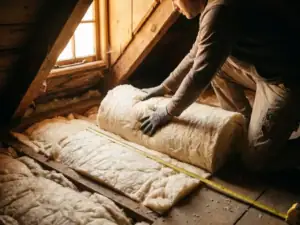 Installateur legt glaswolrollen op houten zoldervloer, meetlint ernaast, warm daglicht door dakraam op houten balken.