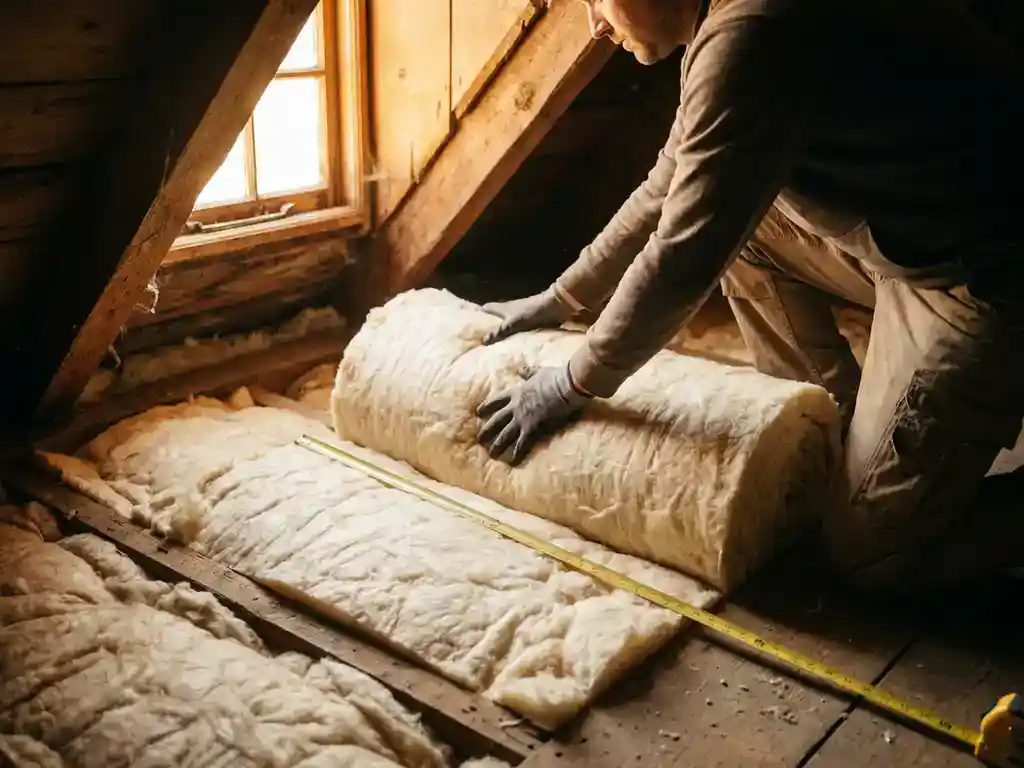 Installateur legt glaswolrollen op houten zoldervloer, meetlint ernaast, warm daglicht door dakraam op houten balken.
