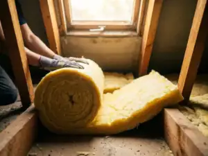 Gehandschoende handen plaatsen een rol glaswolisolatie tussen houten dakbalken in een woonzolder, verlicht door natuurlijk daklichtvenster.