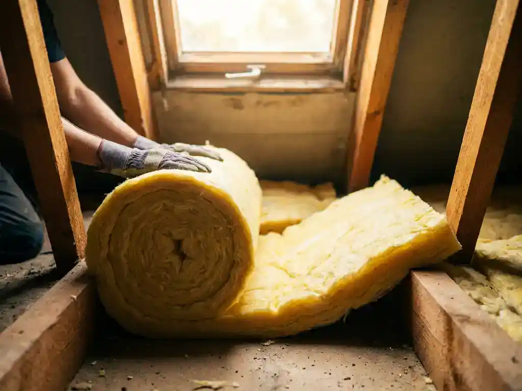Gehandschoende handen plaatsen een rol glaswolisolatie tussen houten dakbalken in een woonzolder, verlicht door natuurlijk daklichtvenster.