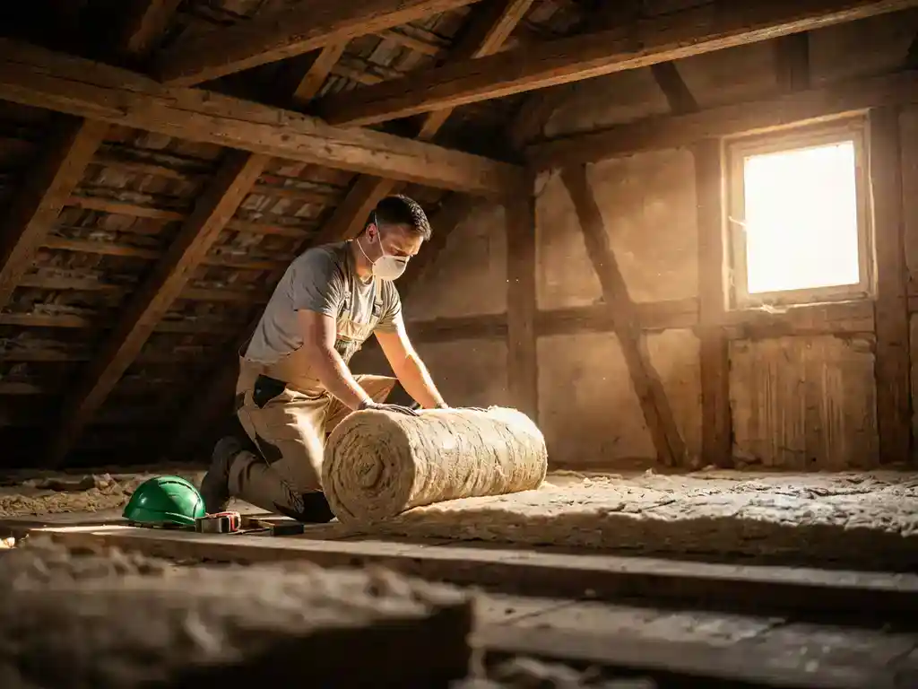 Installateur rolt minerale wol uit op zoldervloer, houten dakbalken zichtbaar, natuurlijk licht door dakraam.