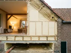 Doorsnede van een Nederlandse woning met mineraalwol, hardschuim en spuitschuim isolatie in muur, dak, vloer en kruipruimte.