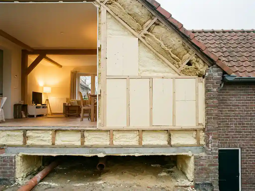Doorsnede van een Nederlandse woning met mineraalwol, hardschuim en spuitschuim isolatie in muur, dak, vloer en kruipruimte.