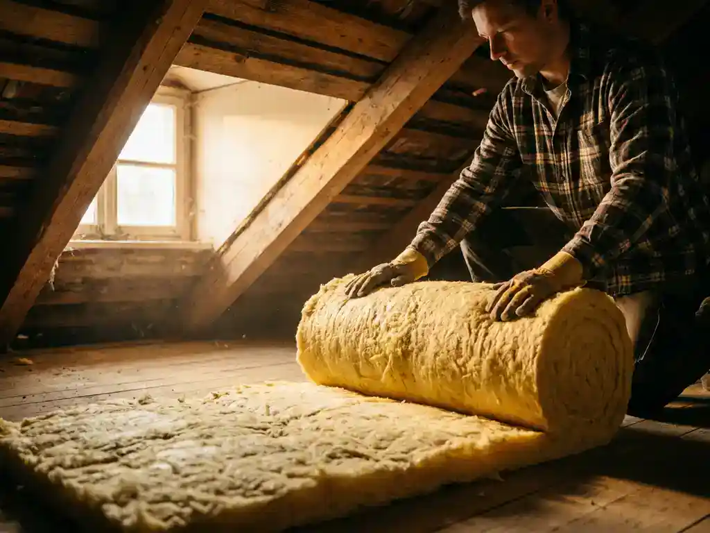 Vakman rolt minerale wol uit over kale zoldervloer, houten dakbalken zichtbaar, warm licht door zolderraam.