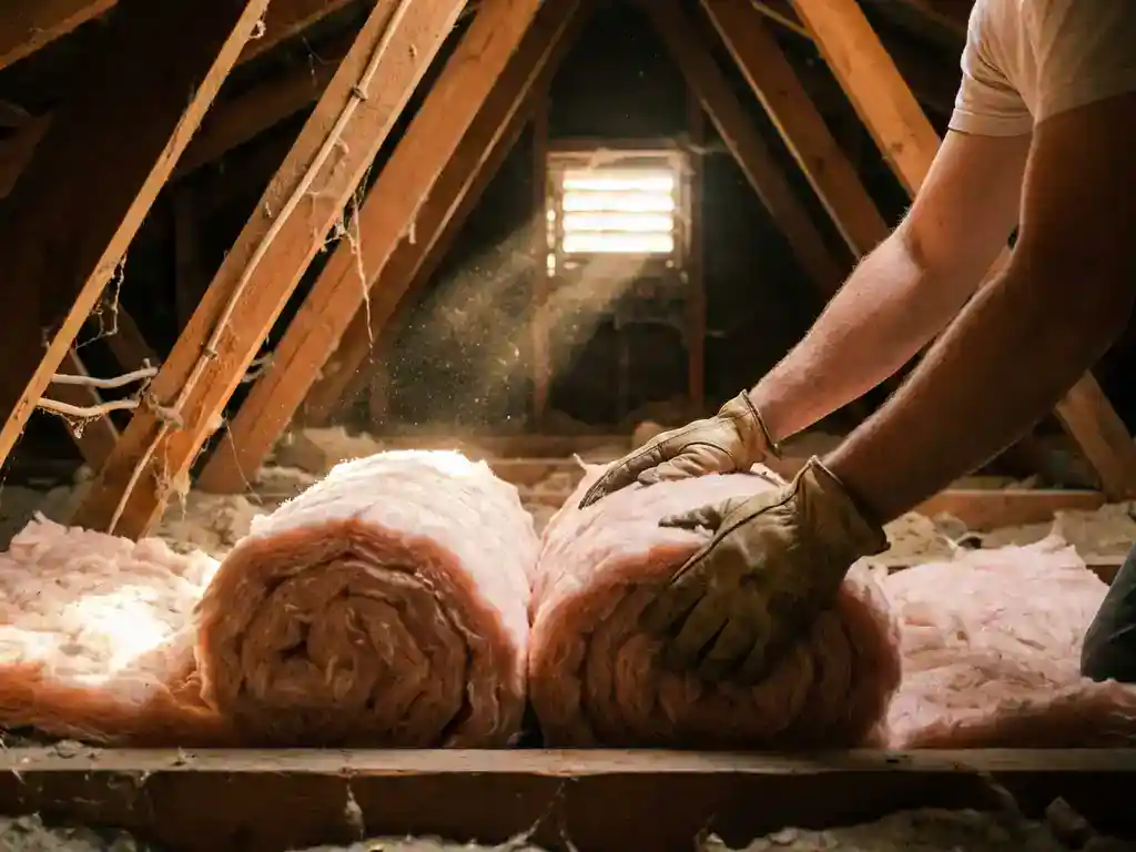 Gehandschoende handen die roze mineraalwol isolatie tussen houten dakspanten in een stoffige zoldervloer drukken.