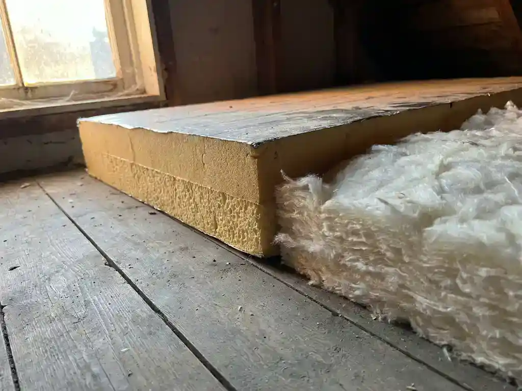 Gouden PIR-isolatieplaat en witte glaswolbatt naast elkaar op een verweerde zoldervloer, verlicht door natuurlijk daglicht.