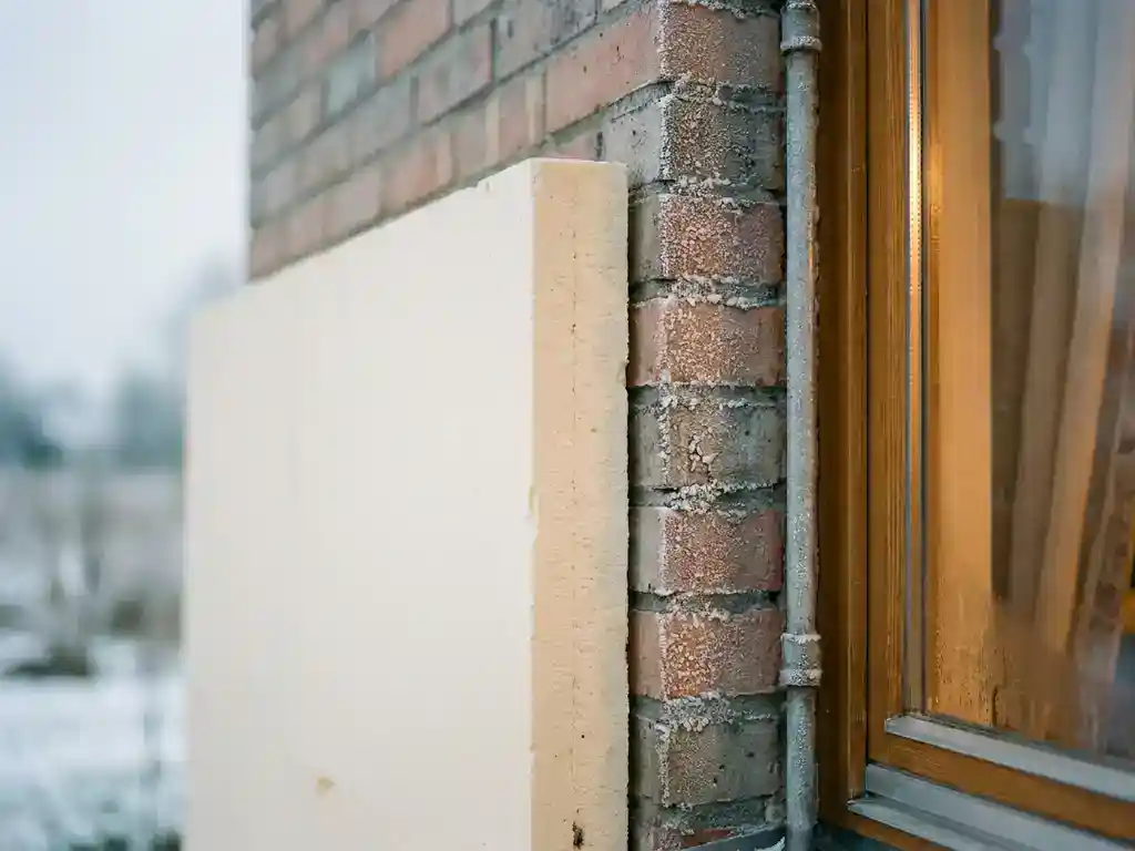 Dikke plaat isolatieschuim tegen bakstenen buitenmuur, rijpkristallen op ongeïsoleerd oppervlak, warme amber gloed van raam op winterdag.