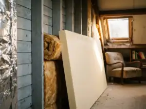 Dikke plaat PIR-isolatieboard naast glaswol tegen half-geïsoleerde zolderwand, warm Nederlands interieur op de achtergrond.
