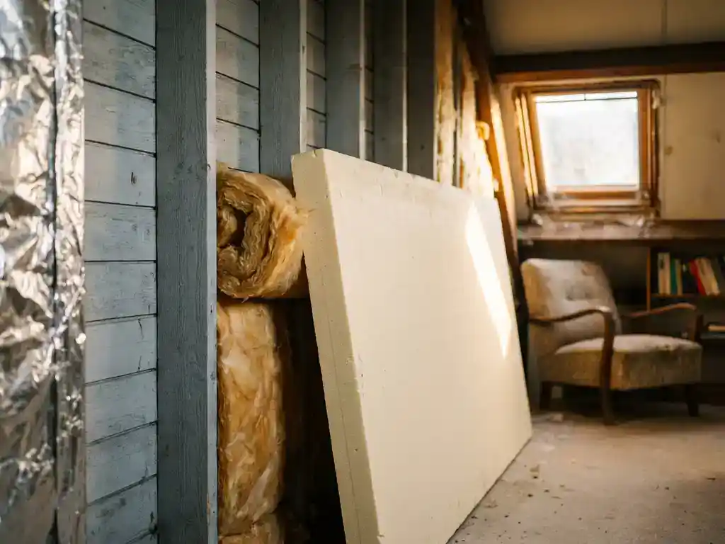 Dikke plaat PIR-isolatieboard naast glaswol tegen half-geïsoleerde zolderwand, warm Nederlands interieur op de achtergrond.