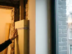 Dwarsdoorsnede van een Nederlandse muur met gele isolatieplaat op maat, meetlint toont dikte, warm binnenlicht contrasteert met grijs exterieur.