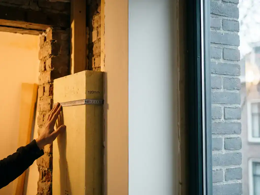 Dwarsdoorsnede van een Nederlandse muur met gele isolatieplaat op maat, meetlint toont dikte, warm binnenlicht contrasteert met grijs exterieur.