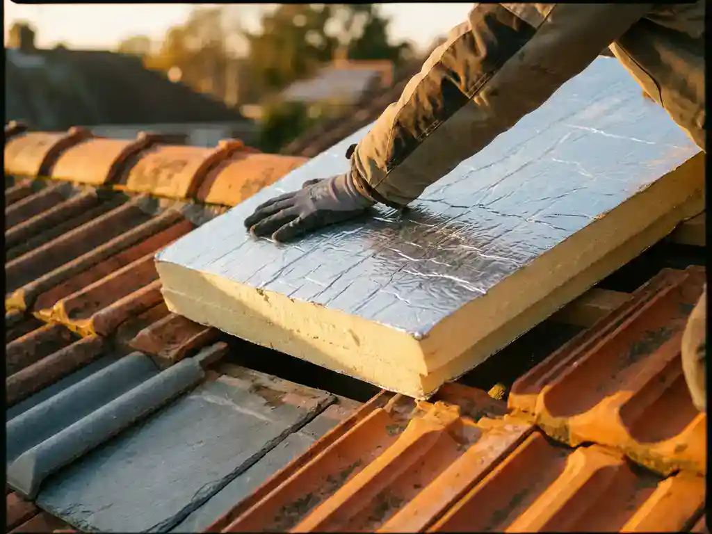 PIR-isolatieplaat met zilveren folielaag op terracotta dakpannen in warm middaglicht.