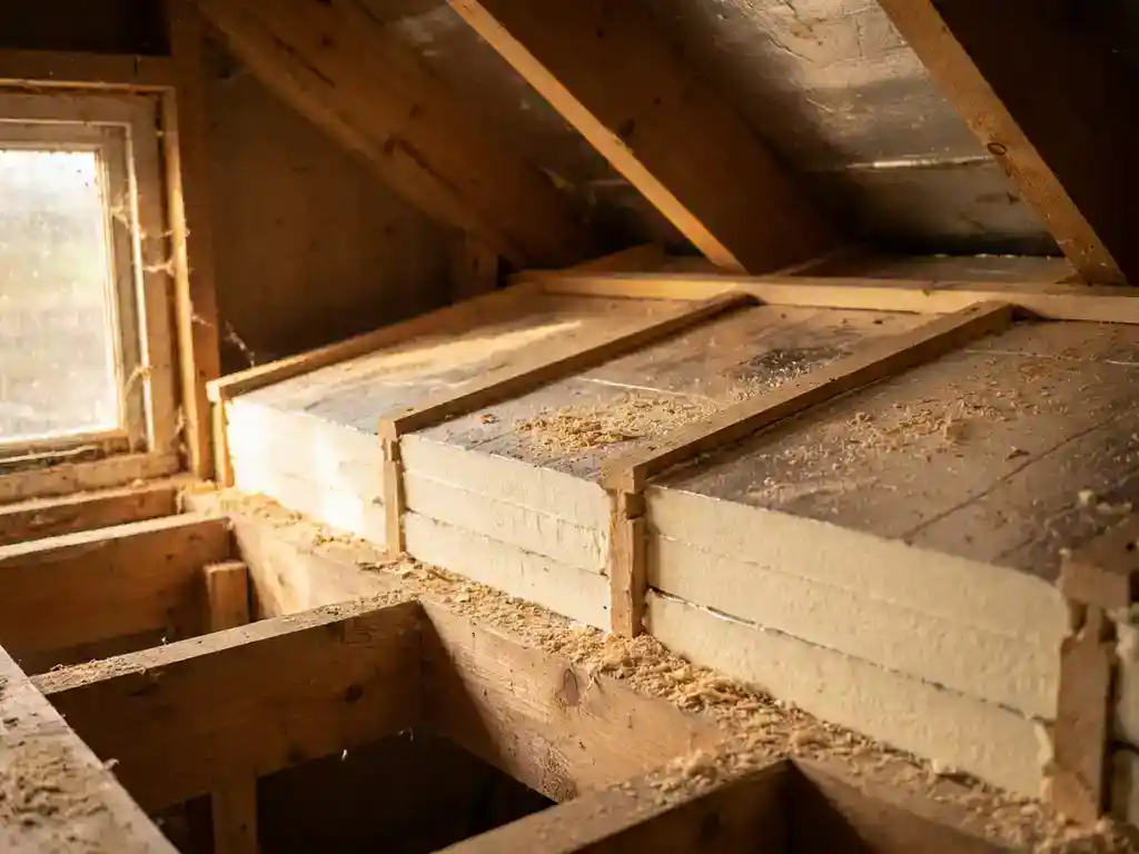 PIR-isolatieplaten onder dakconstructie met houten ventilatielatten die luchtspouwen creëren, zaagsel verspreid op de panelen.