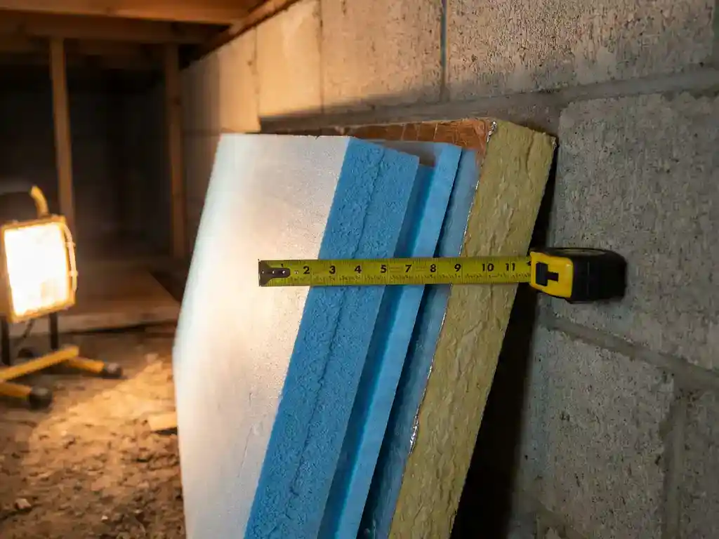 XPS- en PIR-isolatieplaten tegen betonnen kruipruimtemuur met meetlint, textuur van schuimoppervlak zichtbaar in zijdelings licht.