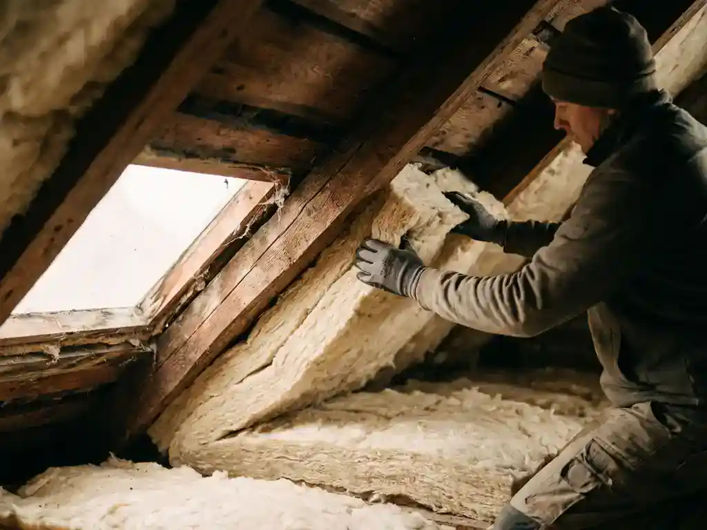 Vakman die minerale wol tussen houten dakspanten van een schuine zolderkap plaatst, verlicht door warm daglicht.
