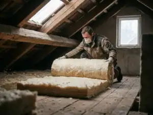 Installateur die minerale wol uitrolt op de vloer van een koude zolder, houten dakbalken zichtbaar op de achtergrond.