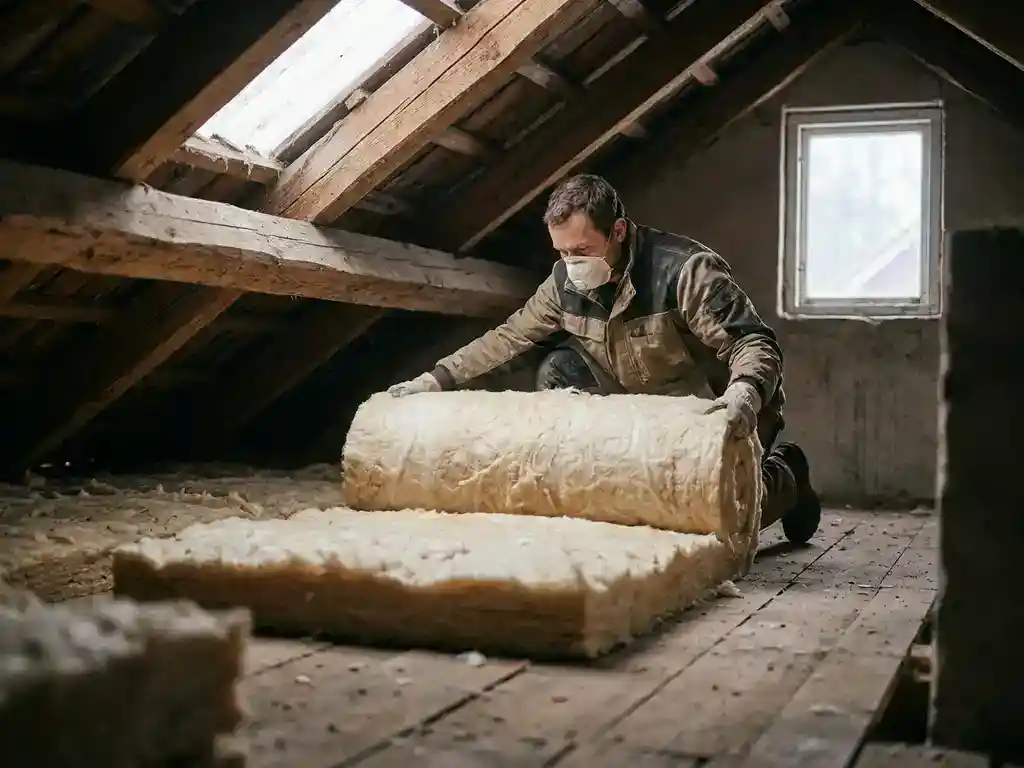 Installateur die minerale wol uitrolt op de vloer van een koude zolder, houten dakbalken zichtbaar op de achtergrond.