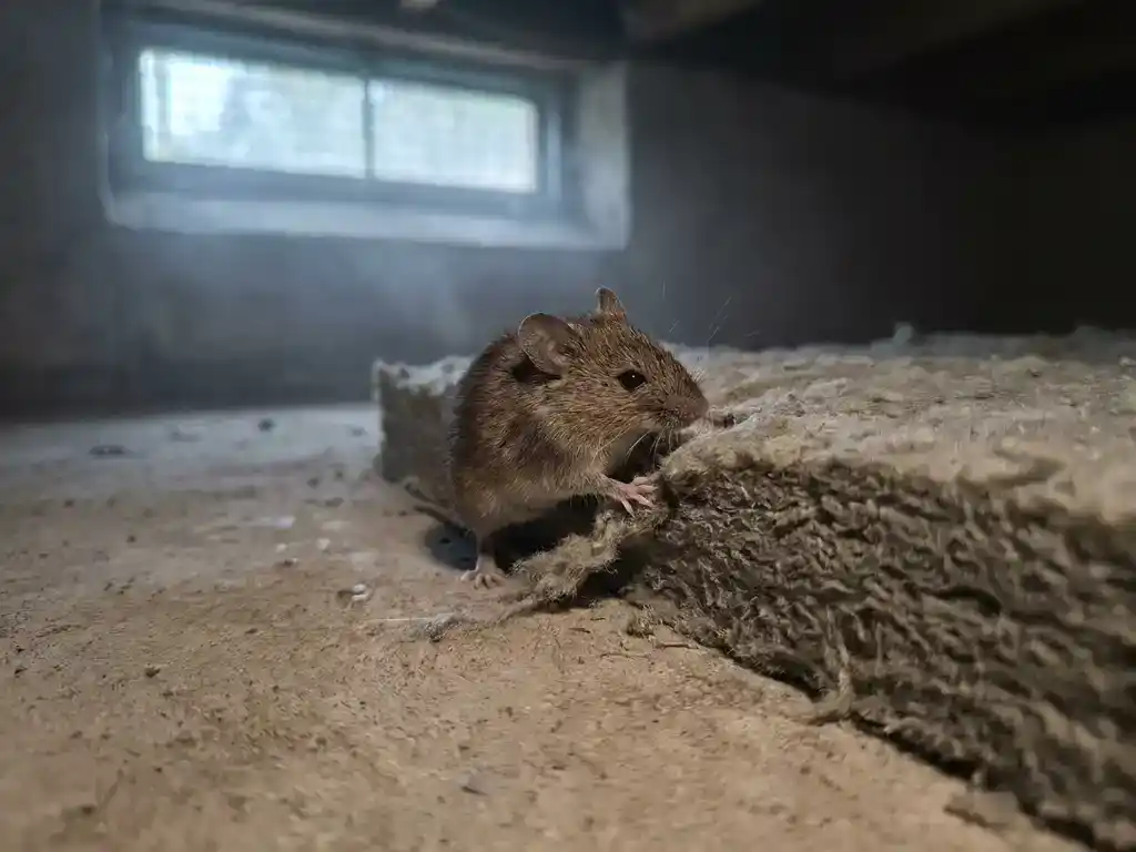 Muis op de rand van grijze steenwol isolatie in een kruipruimte met betonnen vloer.