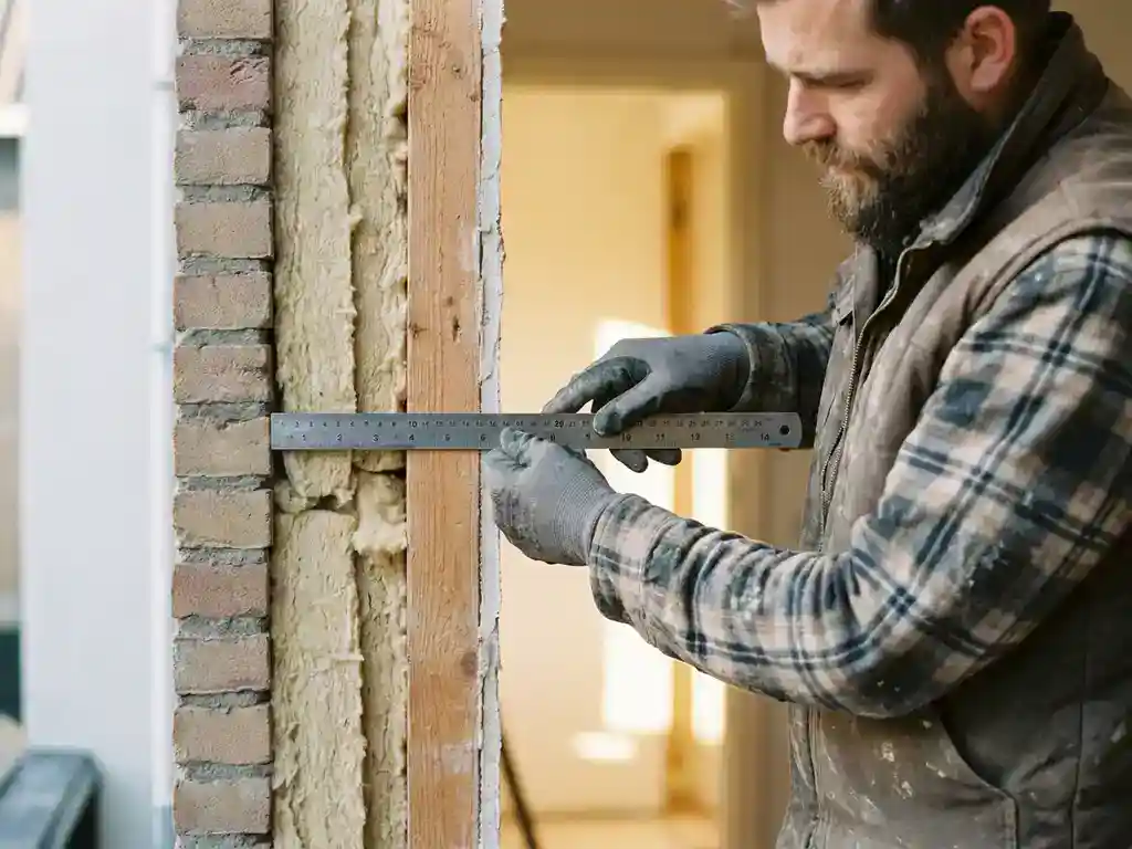 Vakman meet spouwdikte van buitenmuur in Nederlandse baksteenwoning, met zichtbare isolatielagen en terracotta metselwerk.