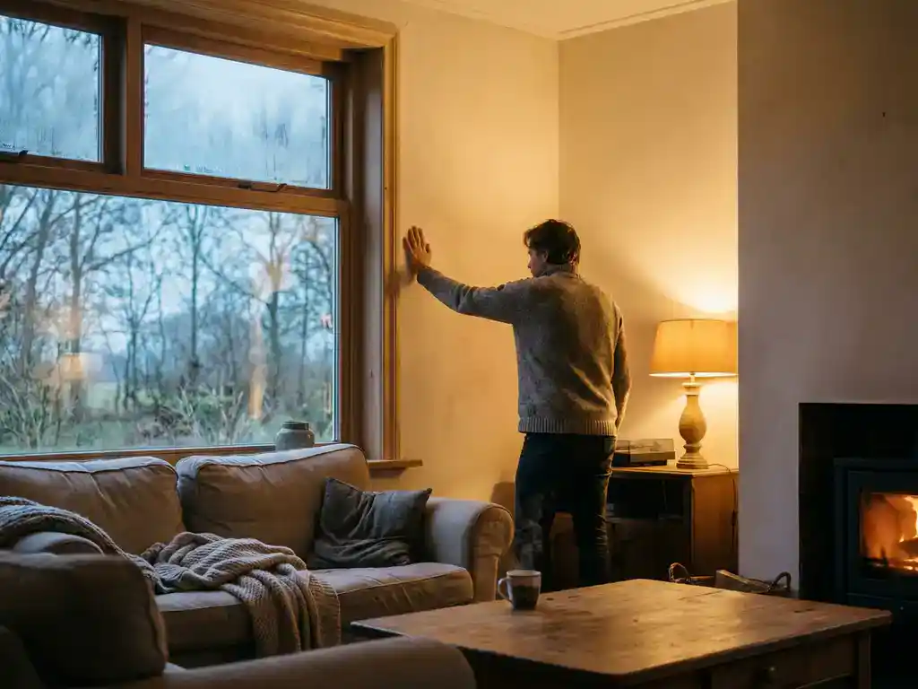 Huiseigenaar legt hand op vers geïsoleerde muur in knus Nederlands interieur, warme ambergloed contrasteert met koude herfstlucht buiten het raam.