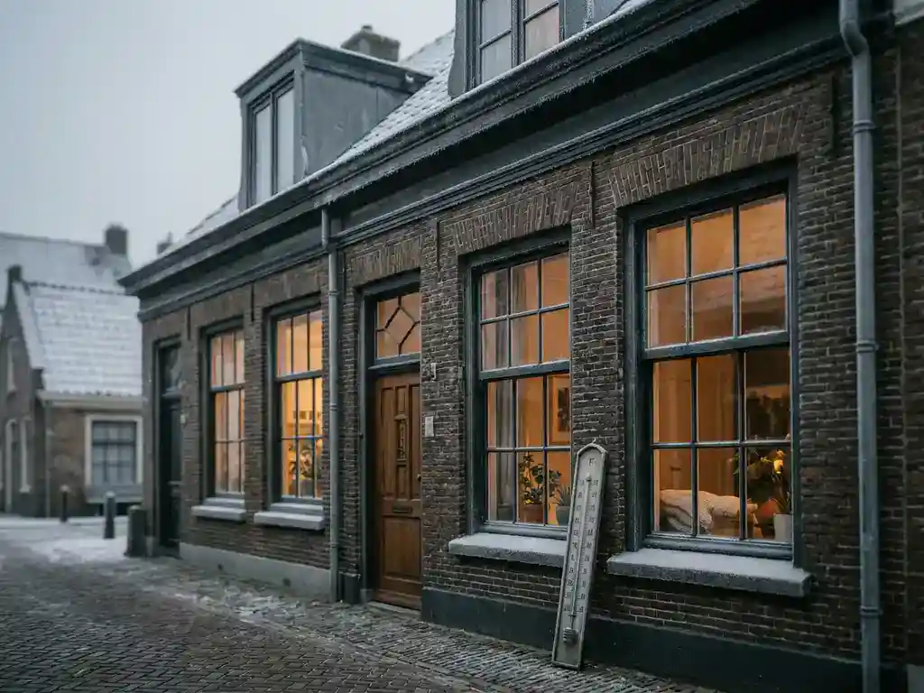 Hollandse rijtjeswoning met plat dak op ijzige winterochtend, vorst op dakrand, warm amber licht door ramen, thermometer tegen gevel.