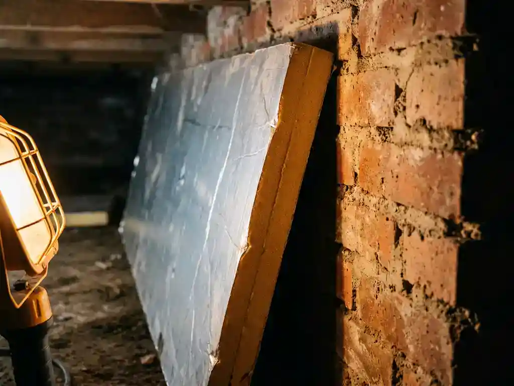 PIR-isolatieplaat met zilveren foliebekleding tegen bakstenen muur in kruipruimte, zichtbare gesloten celstructuur.