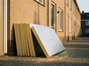 PIR-isolatieplaten met zilverfolie en geel schuimkern tegen bakstenen gevel van Nederlandse rijtjeswoning in middagzon.