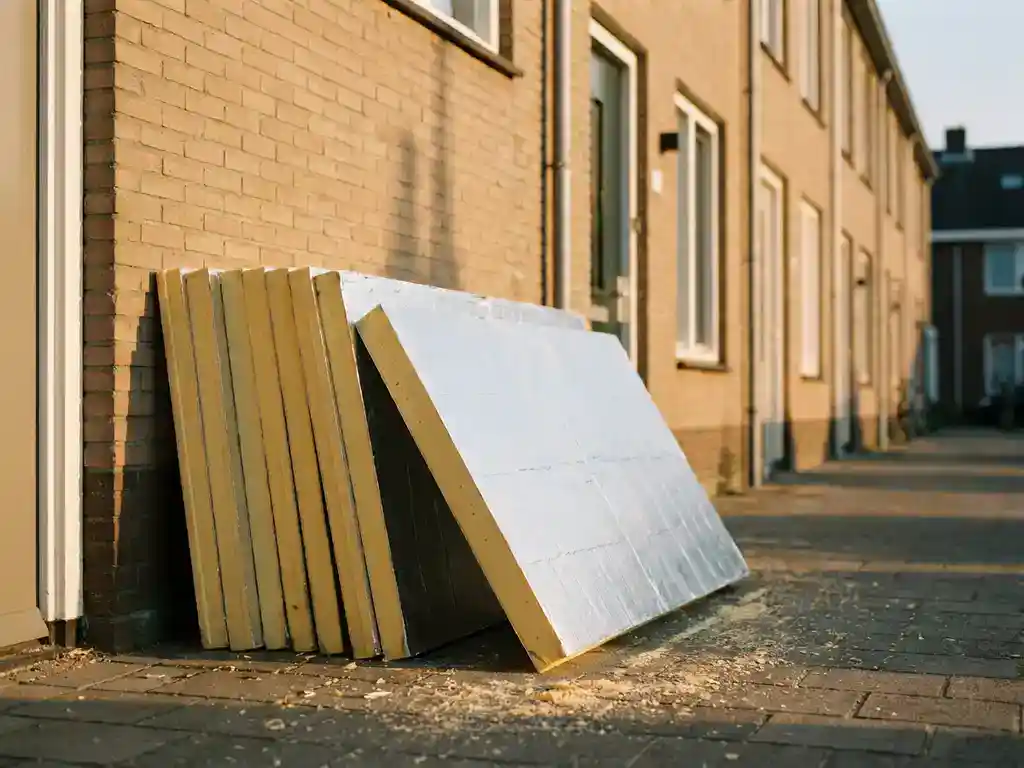 PIR-isolatieplaten met zilverfolie en geel schuimkern tegen bakstenen gevel van Nederlandse rijtjeswoning in middagzon.