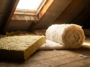 Gele rockwool plaat en witte glaswool rol naast elkaar op een houten zoldervloer, verlicht door natuurlijk daglichtvenster.