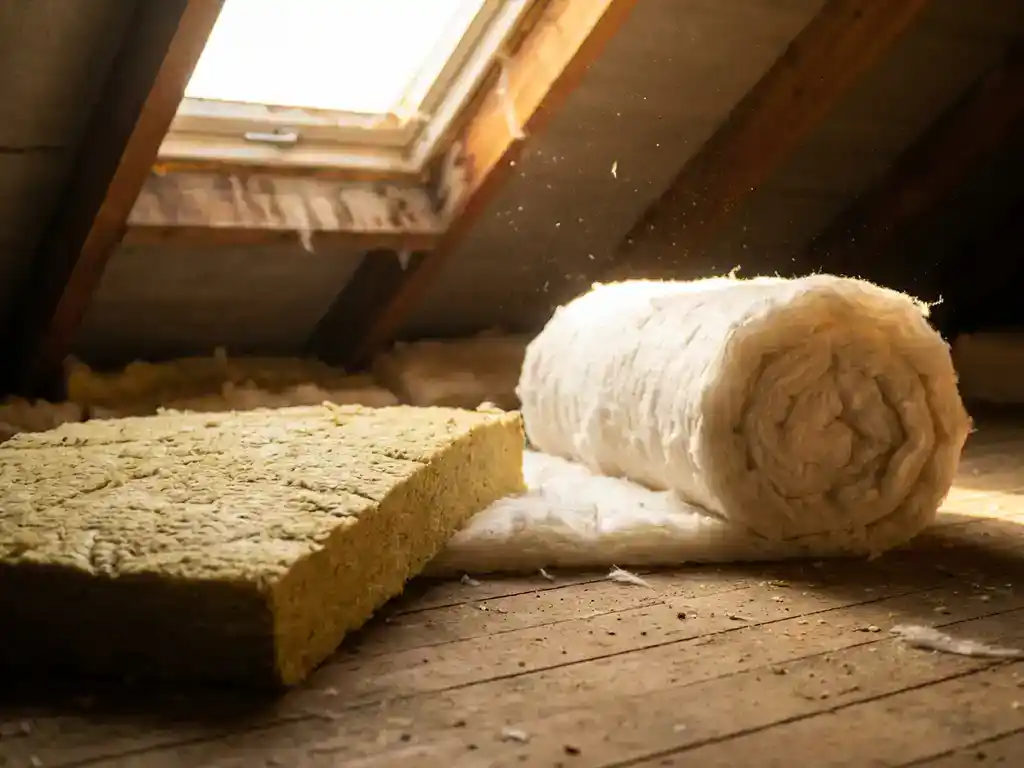 Gele rockwool plaat en witte glaswool rol naast elkaar op een houten zoldervloer, verlicht door natuurlijk daglichtvenster.