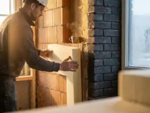 Installateur die isolatiepanelen aanbrengt in de spouwmuur van een Nederlandse rijtjeswoning, met zichtbare doorsnede van warm interieur en koude buitenmuur.