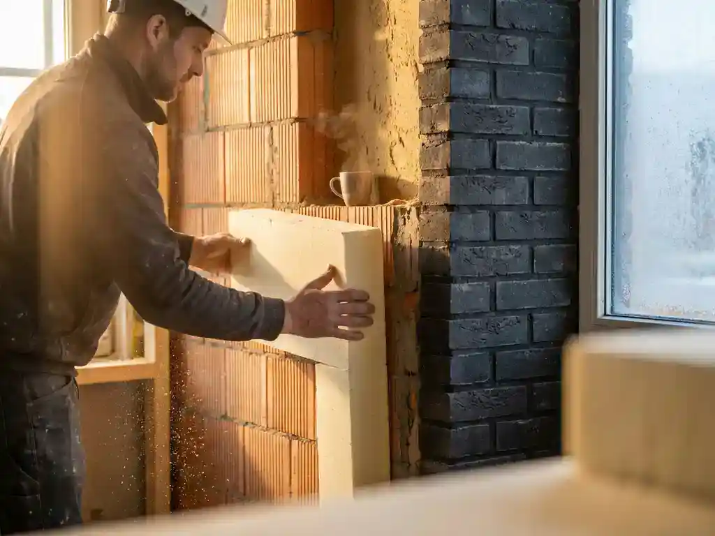 Installateur die isolatiepanelen aanbrengt in de spouwmuur van een Nederlandse rijtjeswoning, met zichtbare doorsnede van warm interieur en koude buitenmuur.