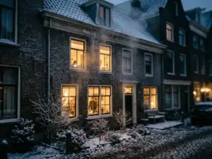Bevroren Nederlandse rijtjeswoning 's nachts met warm amber licht door geïsoleerde ramen, sneeuwbedekte tuin op de voorgrond.