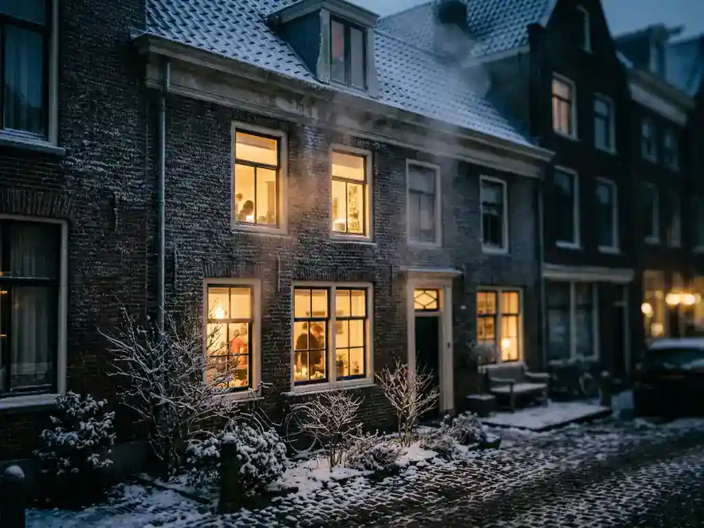Bevroren Nederlandse rijtjeswoning 's nachts met warm amber licht door geïsoleerde ramen, sneeuwbedekte tuin op de voorgrond.
