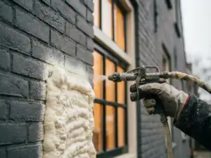 Spuitschuim isolatie aangebracht op bakstenen buitenmuur, arbeider houdt applicatorspuit vast, warm amber licht door nabijgelegen raam.