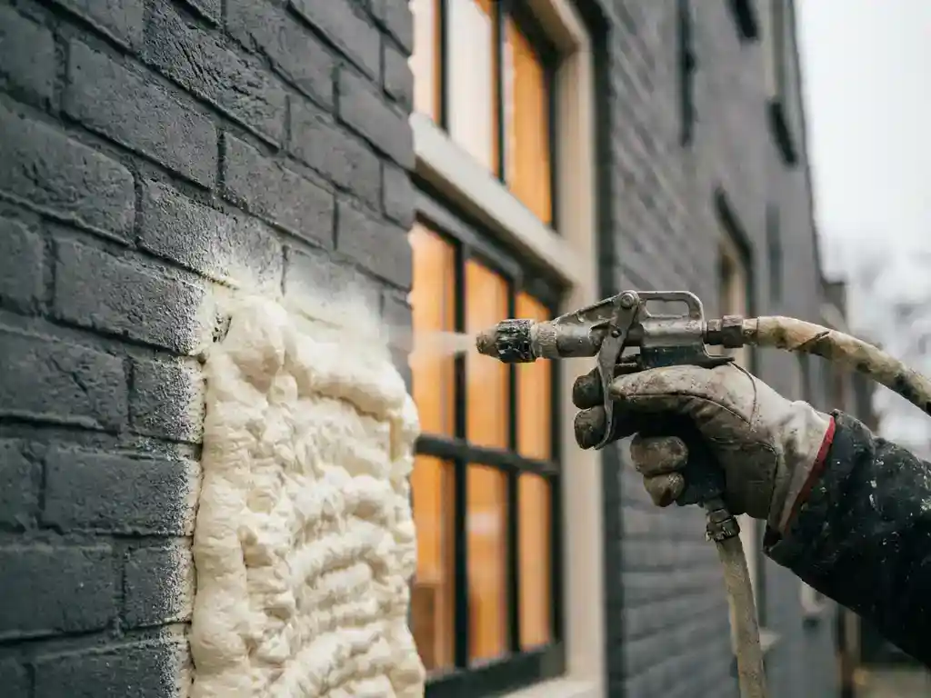 Spuitschuim isolatie aangebracht op bakstenen buitenmuur, arbeider houdt applicatorspuit vast, warm amber licht door nabijgelegen raam.