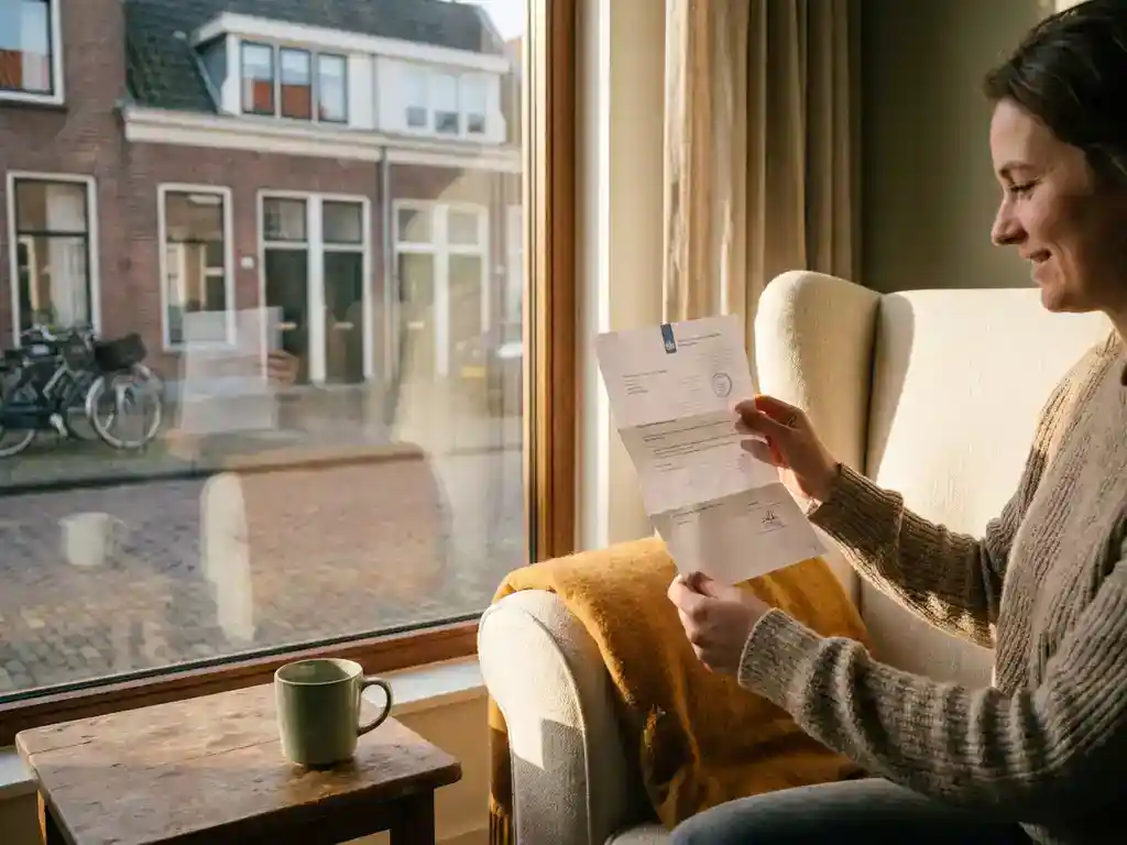 Huiseigenaar houdt subsidiedocument vast bij nieuw geïnstalleerd HR++ dubbelglas in Nederlandse woonkamer met warm natuurlijk licht.