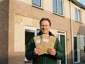 Huiseigenaar houdt twee subsidie-enveloppen vast voor een recent geïsoleerde Nederlandse woning in warm middaglicht.